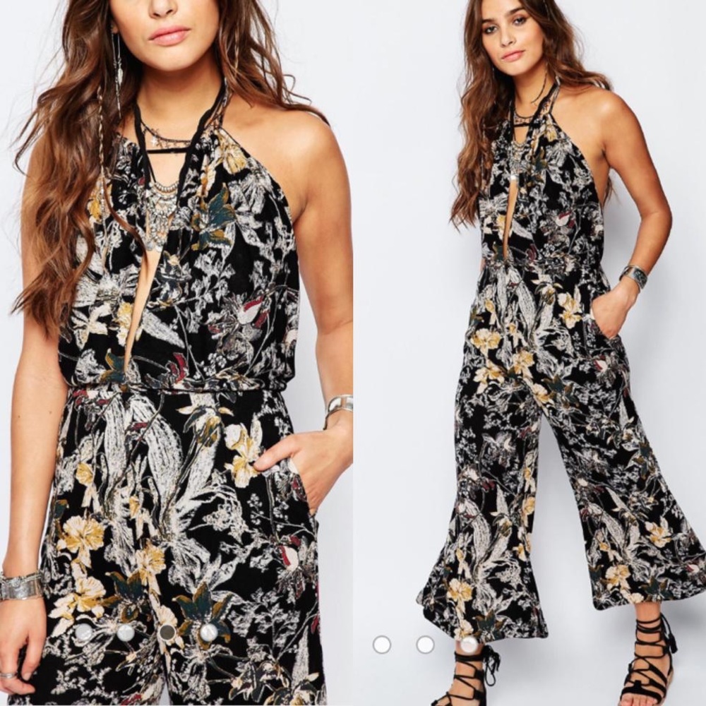 NWT Free People black floral halter jumpsuit